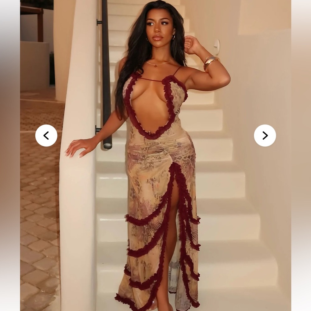 Elegant Burgundy and Beige Evening Dress